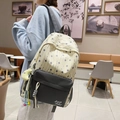 Beige and grey nylon school backpack with star pattern and cute yellow elephant pendant - Gray With Pendant