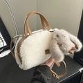 Mini plush fleece crossbody box bag in white with brown leather strap and bunny charm - White with Pendant