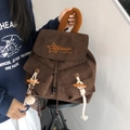 Dark brown corduroy backpack with orange star embroidery and wood button pockets - Brown with Pendant