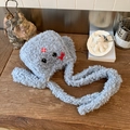 Cappello di peluche grigio chiaro con orecchie di animali e sciarpa lunga in pile teddy - Blu
