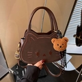 Borsa a mano a forma di gatto marrone scuro con ricamo e ciondolo orsetto peluche - Con Ciondolo / Marrone