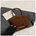 Brown fluffy faux shearling tote bag with dark brown leather straps and bead details - Brown
