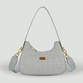 Detalle del bolso hobo gris acolchado con correas dobles de cuero y jacquard - Gris elefante