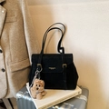 Retro black faux suede tote bag with dual straps and a cute plush bear pendant accessory - Black with Pendant