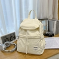 Sac à dos étudiant beige en nylon avec cordon de serrage et rabat au style décontracté - Blanc Cassé