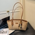 Beige schoudertas van imitatiebont met bruine leren bies en kleurrijke houten kralen - Khaki