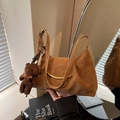 Brown retro half-moon crossbody bag with golden hardware and a cute plush bear charm - Brown (With Charm)
