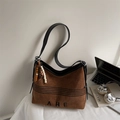 Brown faux suede tote bag with black AHE letter print and wooden bead tassel accessory - Deep Brown With Charm
