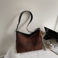 Vintage brown faux suede tote bag with black trim, long shoulder strap, and beaded detail - Coffee with Pendant