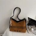 Brown suede tote bag with AHE branding, black leather straps and colorful bead tassel - Light Brown With Charm
