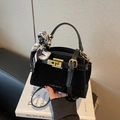 Elegant black Kelly style handbag in suede and leather with a decorative silk scarf - Black