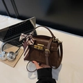 Brown suede patchwork Kelly bag with gold lock, striped silk scarf and crossbody strap - Coffee