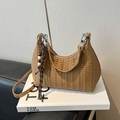 Khaki pleated crescent shoulder bag with wooden bead charm and metallic ring strap - Khaki