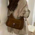 Retro deep brown suede tote bag featuring a front flap pocket for women stylish daily use - Brown
