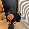 Fashion black leopard print bucket bag with golden hardware and orange fur pompom charm - Style With Charm / Black