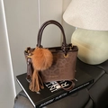 Brown leopard-embossed tote bag with faux fur pompom and adjustable shoulder strap - Style With Charm / Brown
