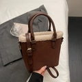Brown faux leather shoulder bag with plush beige wool trim and adjustable strap - Coffee No Charm