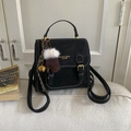Retro black leather backpack for women with white contrast stitching and charm - Black (with Pendant)