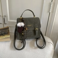 Retro dark green faux leather backpack with double buckles and decorative charms - Green (with Pendant)