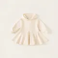 Cream white hooded cotton dress for girls with long sleeves and pleated umbrella skirt - 130 / Apricot