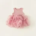 Pink sleeveless tulle tutu dress for girls with ribbed cotton top and embroidered detail - 80 / Dresses / Pre-sale Pink