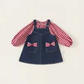 Girls red plaid shirt and blue denim overall dress set with cherry embroidery details - Red Plaid + Blue / 80