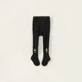 Toddler girl black ribbed tights with delicate bear and flower embroidery - Black / S