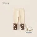 Fleece lined warm baby leggings in cream with brown striped cuffs and 3D plush bears - 110 / Beige