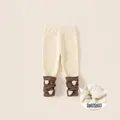 Leggings bébé doublés polaire avec revers à rayures marron et petits oursons en peluche - 110 / Beige