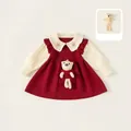 Robe rouge en tricot pour fille avec col blanc, broderie lapin et accessoire d'ourson - 80 / Rouge