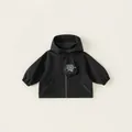 Kids hooded jacket in deep black color with outdoor theme print on functional pocket - 80 / Black