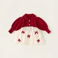 Robe fille douce en tricot rouge et jupe blanche à nœuds et manches lanternes - Rouge + Abricot / 80