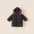 Piumino lungo per bambini nero con fodera del cappuccio viola e imbottitura invernale - Nero / 120 (Imbottitura 121g)