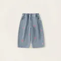 Light blue girls' wide leg jeans featuring pink heart embroidery and elastic waistband - 140 / Light Blue