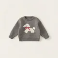 Pull en tricot gris pour enfants avec motif de chiot blanc et nœud rouge en relief - 80 / Pull Caniche Gris (DY24238)