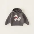 Girl's dark grey hooded knit sweater with cute white poodle pattern and red bow decoration - 80 / Tops / Gray