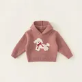 Pink hooded knit sweater for girls featuring a cute white puppy with a red 3D bow - 80 / Tops / Pink