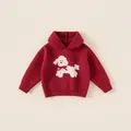 Girls' red hooded knit sweater featuring cute cartoon dog pattern with 3D bow detail - 150 / Tops / Red