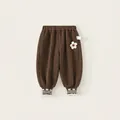 Deep brown fleece-lined girl's casual jogger with floral patch and lace-trimmed cuffs - 80 / Pre-sale Coffee (Spring/Autumn)