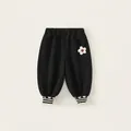 Girls black cotton casual pants with 3D white flowers and striped heart cuffs - 80 / Black (Spring/Autumn)