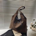 Brown leopard print suede tote bag with blue denim bow and modest lettering logo - Brown