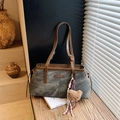 Vintage tote bag met grijs marmerpatroon met lederen hengsels en schattige beerhanger - Zwartachtig Groen Met Hanger