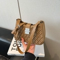 Brown woven leather shoulder bag with a silver square buckle and retro design - Khaki