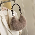 Bolso de media luna de piel sintética marrón con asa de cuentas de madera oscura y trenza - Sin colgante / Caqui