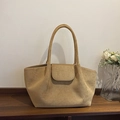 Large camel faux suede tote bag with minimalist handle and semi-circular flap design - Khaki