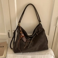 Vintage large capacity dark brown tote bag with suede texture and wooden bead tassels - With Charm / Ebony