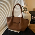 Caramel brown faux suede tote bag with double handles and flap closure for daily commute - Brown