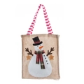 Christmas snowman burlap gift bag with red striped handles and 3D applique design - Snowman