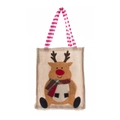 Burlap Christmas gift bag with reindeer applique and red striped handle - Elk