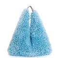 Light blue faux fur triangular shoulder bag with silver handle and plush texture - Blue